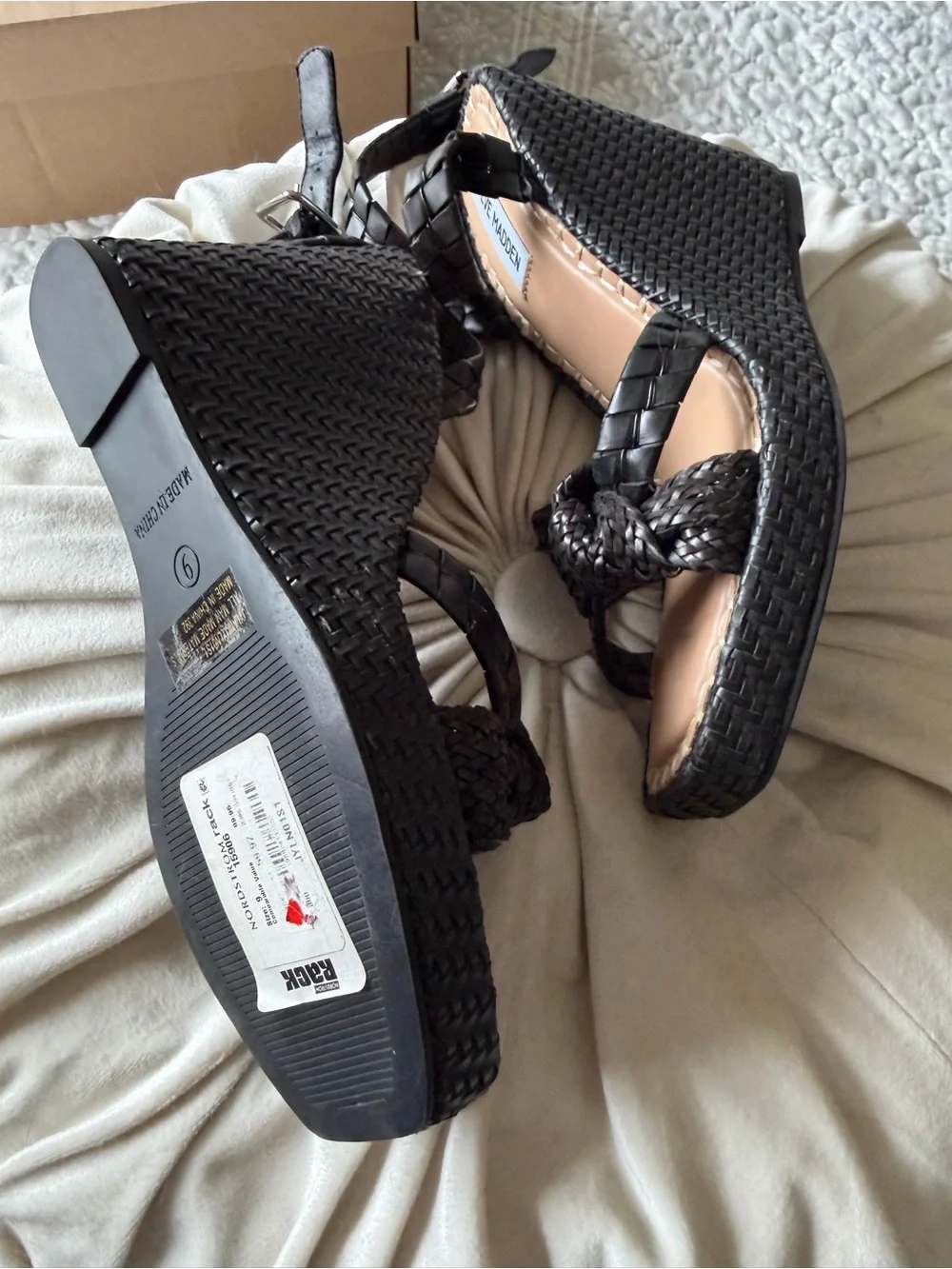 Steve Madden Black Woven Knot Front Ankle-Strap Wedges